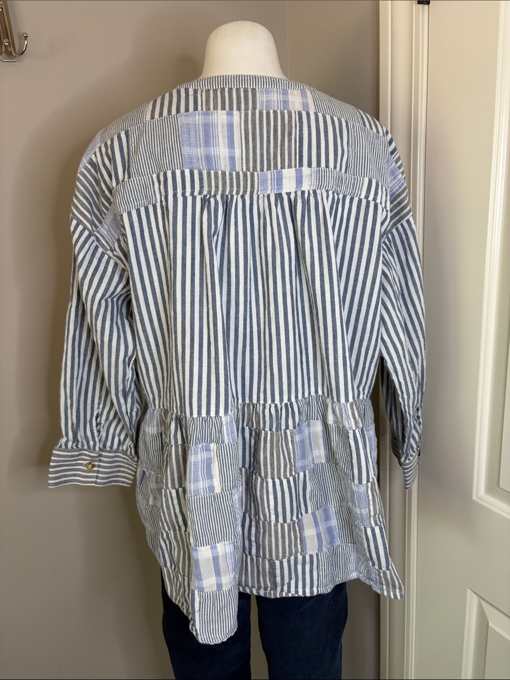 Anthropologie Maeve Stripe Patchwork Swing Shirt Henley Zoe Linen Top Blue Sz S - Picture 8 of 14
